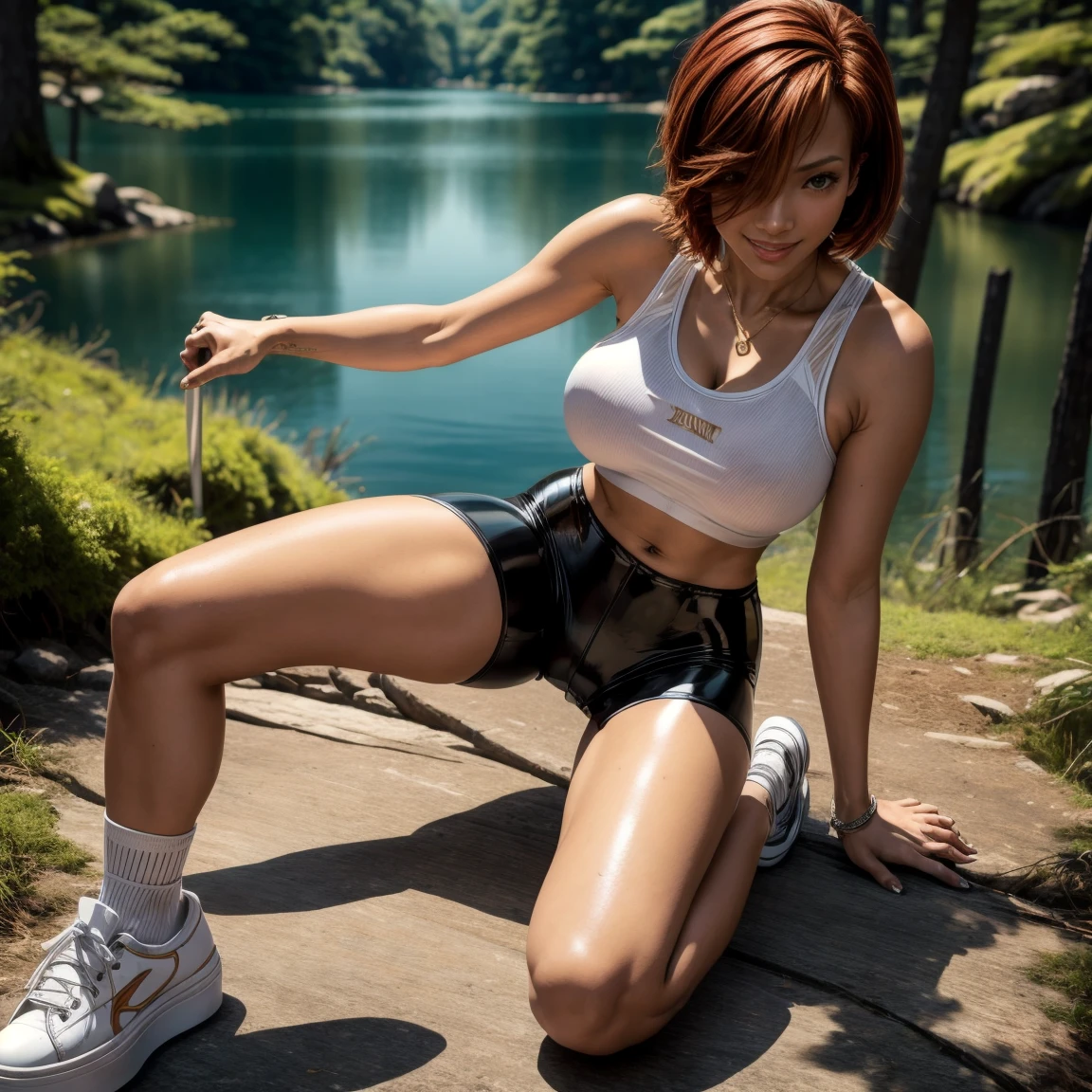 Jennifer lopez, Realistic, photorealism, photo-realistic, high contrast, 8k high definition detailed realistic, best quality, highly detailed, 1mulher, white skin, seductive poses on the floor, in a Japanese forest with a lake, skinny body, anorexic, enormous breasts, wearing extremely sensual outfit, bicycle black outfit, black latex bike crop top, bike shorts, exposed navel, side cutout, short red hair, long white socks, platform sneakers, smile, camel toe, slintly from above