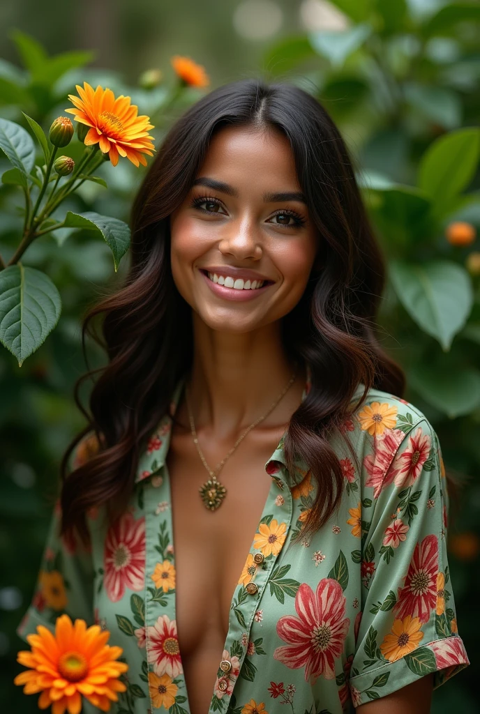 A Brazilian woman in a lush tropical garden, wearing an open shirt with a floral print, with a close-up capturing the harmonious beauty between her breasts and the natural flowers, showing off your natural charm and outgoing personality.