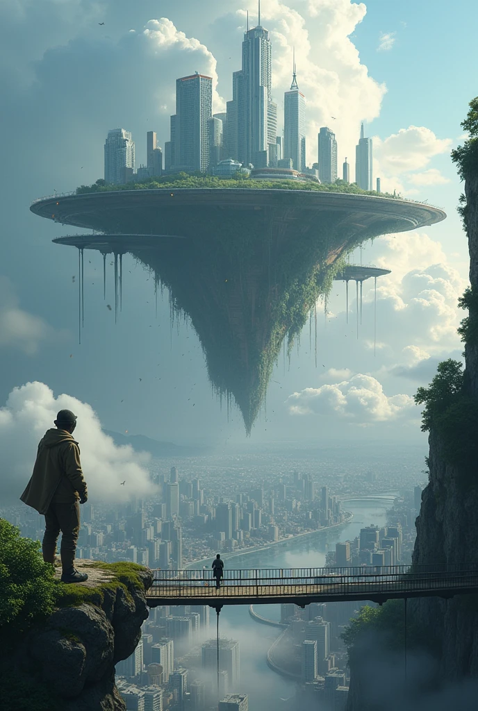 Visualize a ((captivating)) ((scene of a city ((falling and collapsing)) amidst the (clouds), with skyscrapers,A (((floating island))) suspended in the (sky), connected by bridges and platforms , offering a panoramic view of the city below, 