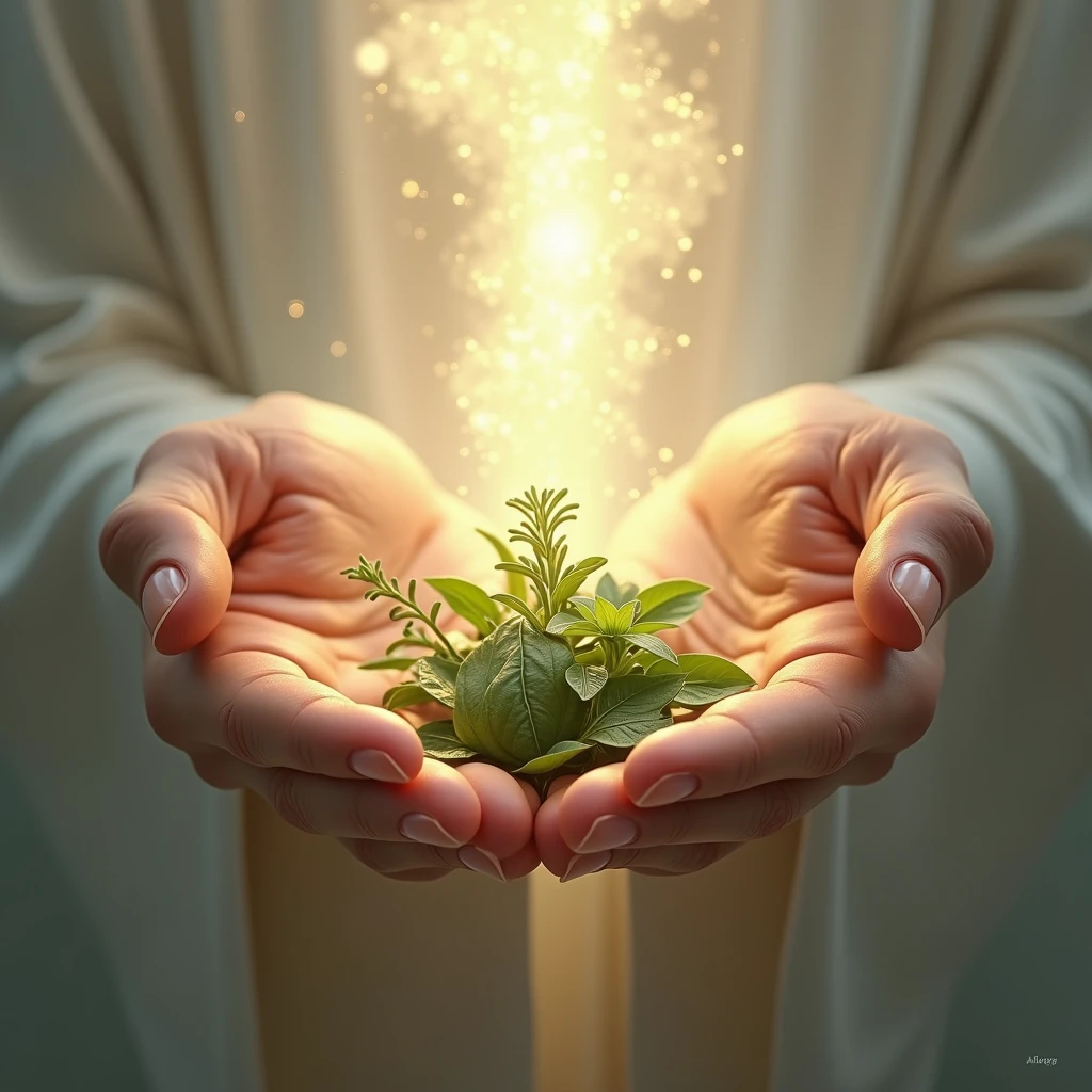 A pair of ultra realistic hands open in a gesture of blessing, with a bundle of herbs like rue and basil between them. The hands have a soft aura around them to represent spiritual energy, convey depth and lights coming out of the hands