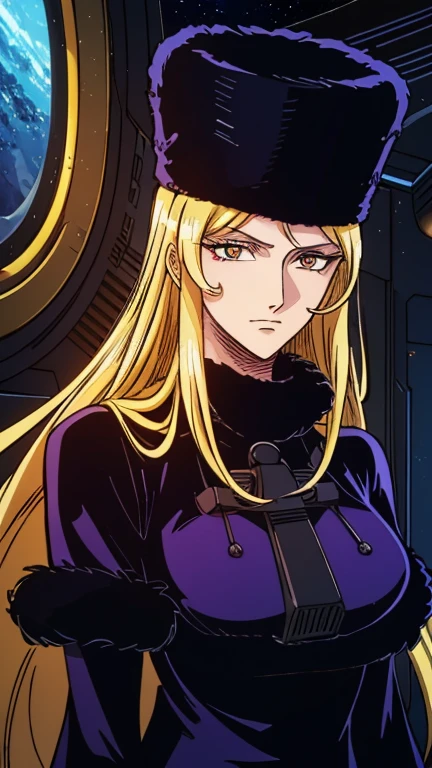 (1girl, maetal), (extremely detailed CG unit 8k wallpaper),(master part), (best quality), (ultra detail), (best illustration),(melhor ombre), cowboy shot, (Sharp eyeliner, ombre, detailed eyes:1), Spaceship bridge, break , (one piece style), upper body, long hair, blonde hair,  yellow eyes,fur trim, black headwear,fur hat