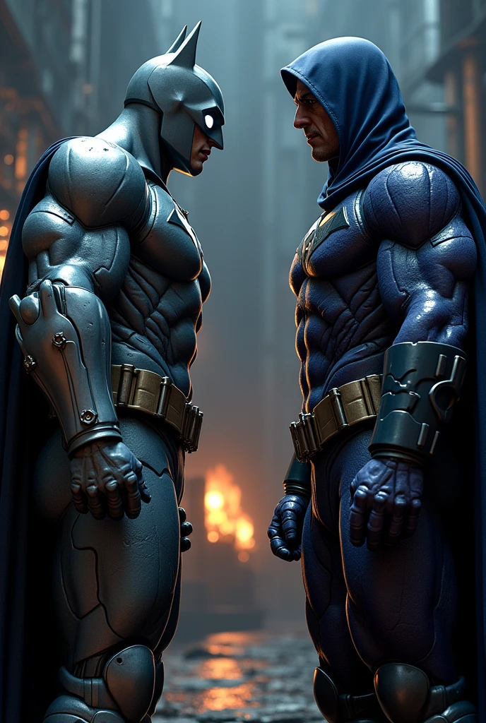 I want a Batman in profile with the large medieval-style silver robotic armor, with white luminous eyes. who is facing and looking face to face against the giant villain Darkseid in profile who has a face like violet stone with wrinkles and no beard , bright red eyes and fire like two torches ,violet arms and a dark blue hood, With a dark blue suit that covers his torso, a shiny dark blue suit without any symbol and large dark blue pants and boots and behind you can see a factory with fire ovens in a dark background . Darkseid is taller and bigger than Batman. 