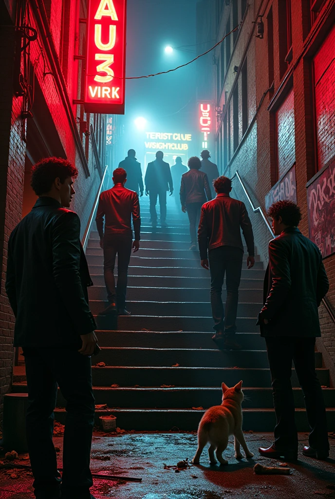 An underground stairs outside night club in the dirty street of 1980s New York city with women and men’s smoking wearing leather and vintage outfits
