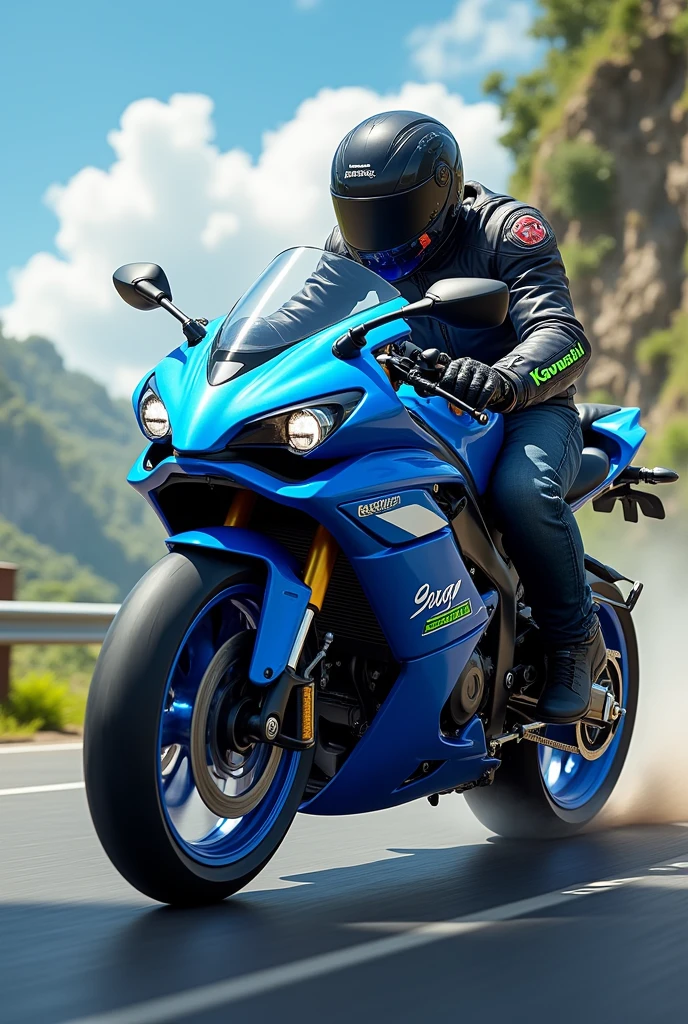 Blue Kawasaki motorcycle with a male person and in the background the name DIEGO 