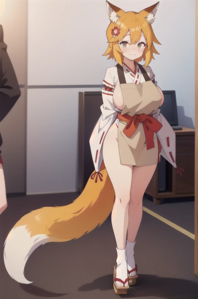 Masterpiece, best quality, perfect lighting, 1girl, solo, senko, orange hair, orange eyes, fox ears, fox tail, flower hair ornament, white miko kimono, tan apron, white socks, geta sandals, smile, fang, arms behind back, thick, , Gigantic Sagging , ntrgao, blush smile, 