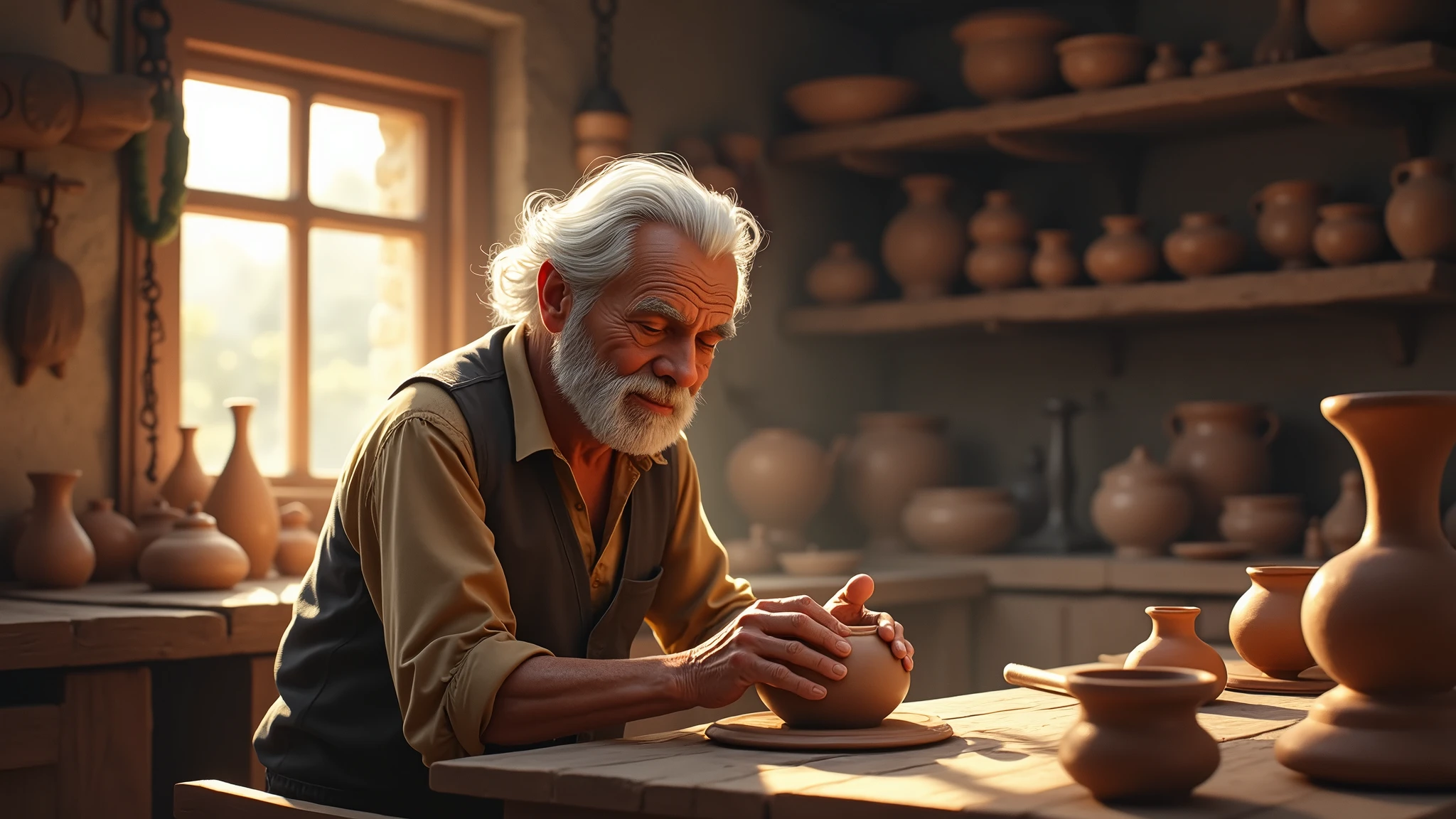 Depict Elias, an elderly man with a kind and simple appearance, working in his small pottery workshop. He is focused, shaping a clay pot with his weathered hands, surrounded by old tools and completed pots, with a beam of light coming through the window illuminating his concentrated expression.