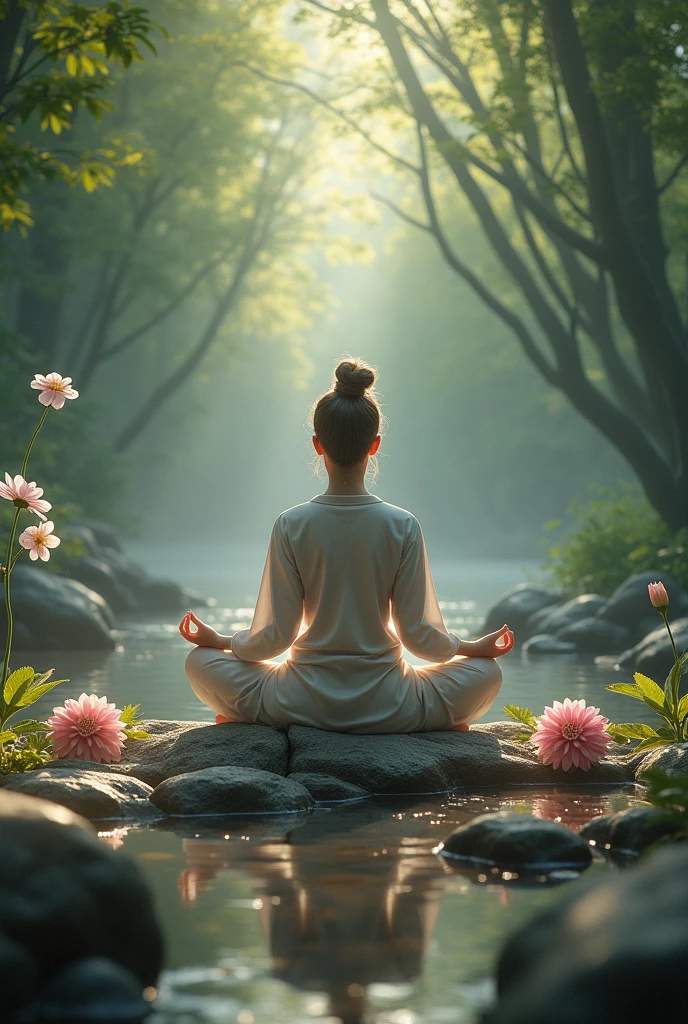 A person meditating in nature, surrounded by symbols of physical, mental and social well-being.