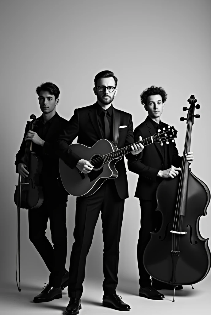 generates an image of 3 male artists, a singer guitarist with glasses in the center, A curly-haired cellist musician on the right side and another violinist artist on the left, all with poses towards the center and in suits, black shirt and tie, the whole image with all black and white
