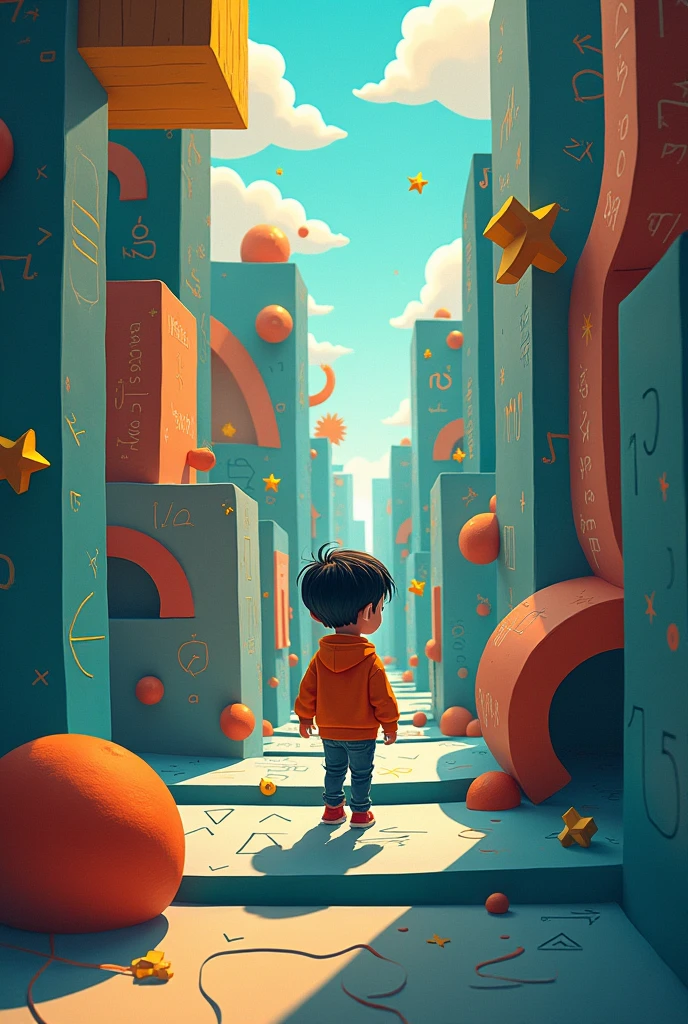an image, that has the phrase PLIM , that he is a child in a maze with mathematical signs