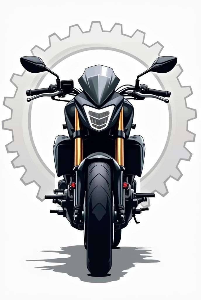 Create a logo with a front streetfighter motorcycle without a rider and a white sprocket as a background
