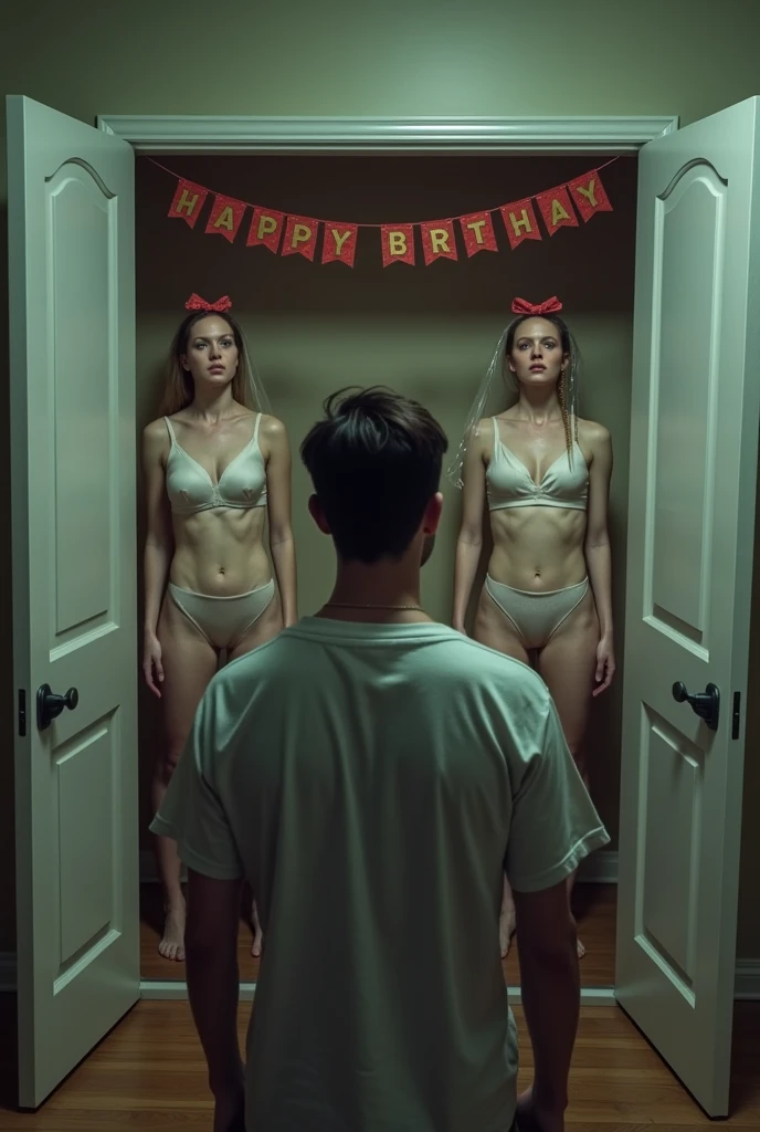 A casually dressed man walks into his wife's bedroom, He opens his large closet and is shocked to see that there are two beautiful brown-haired women in sexy lingerie and identical faces. , They are standing and sleeping with a gift bow on their heads and their bodies are covered in plastic, There is a banner that says "happy birthday" hanging in the closet, Realistic details, Hyper-realistic image quality