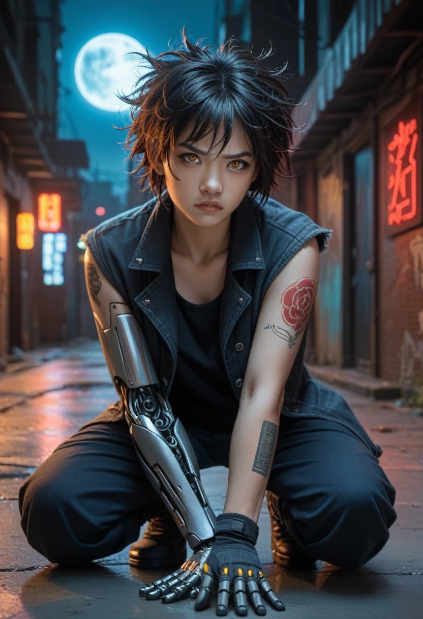 Female Asian, serious face, messy hair tied with neon tips, amber eyes, cybernetics in eyes, scar on left eye, left arm with few Black carbon cybernetics, neon designer coat clothing, tattoo with family symbol on forearm, night alley background, moon reflection on Walter, Pose crouched on the floor against sharpening carbon robot arm blade