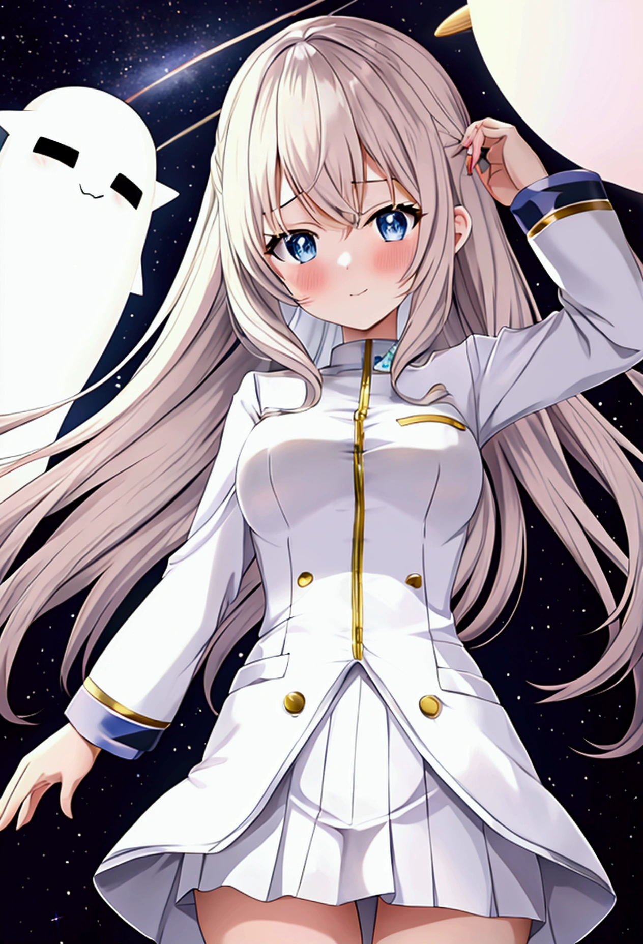 Anime girl with space in the background in a white suit