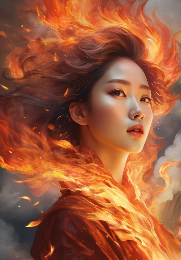 (Masterpiece, high quality, best quality, Korean face, official art, beauty and aesthetics:1.2),(fire element:1.1),composed of fire elements,(1girl:1.2),burning,transparency,fire,(molten rock),flame skin,flame print,fiery hair,smoke,cloud,(radiant:1.1),(flames soaring:1.2),(reigniting the divine fire:1.2),ukl,