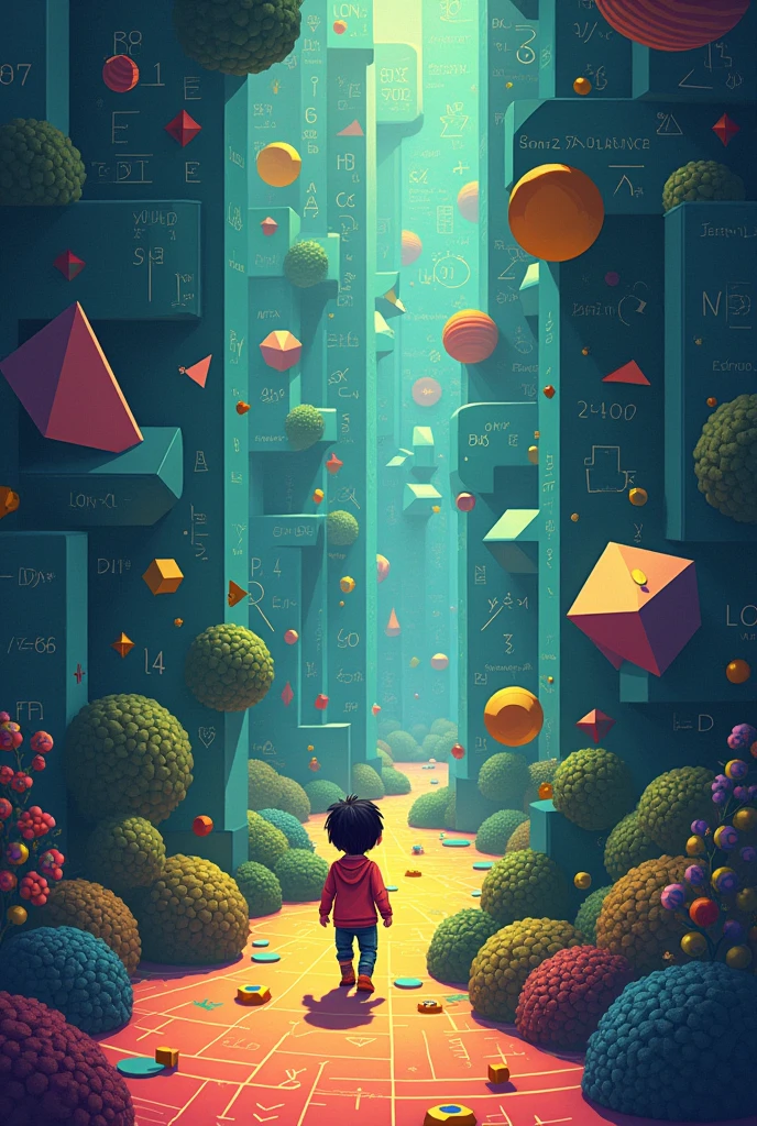  an image, that has the phrase PLIM , that he is a child in a maze with mathematical signs 