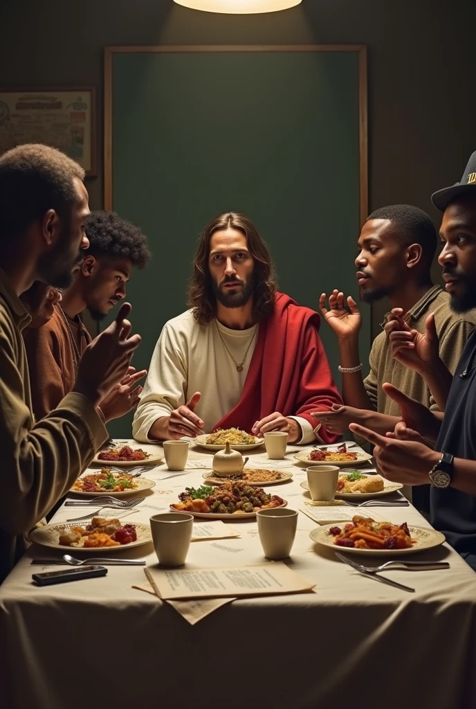 Jesus at the last supper sitting in the middle and around white and black rappers sharing hip hop at the table