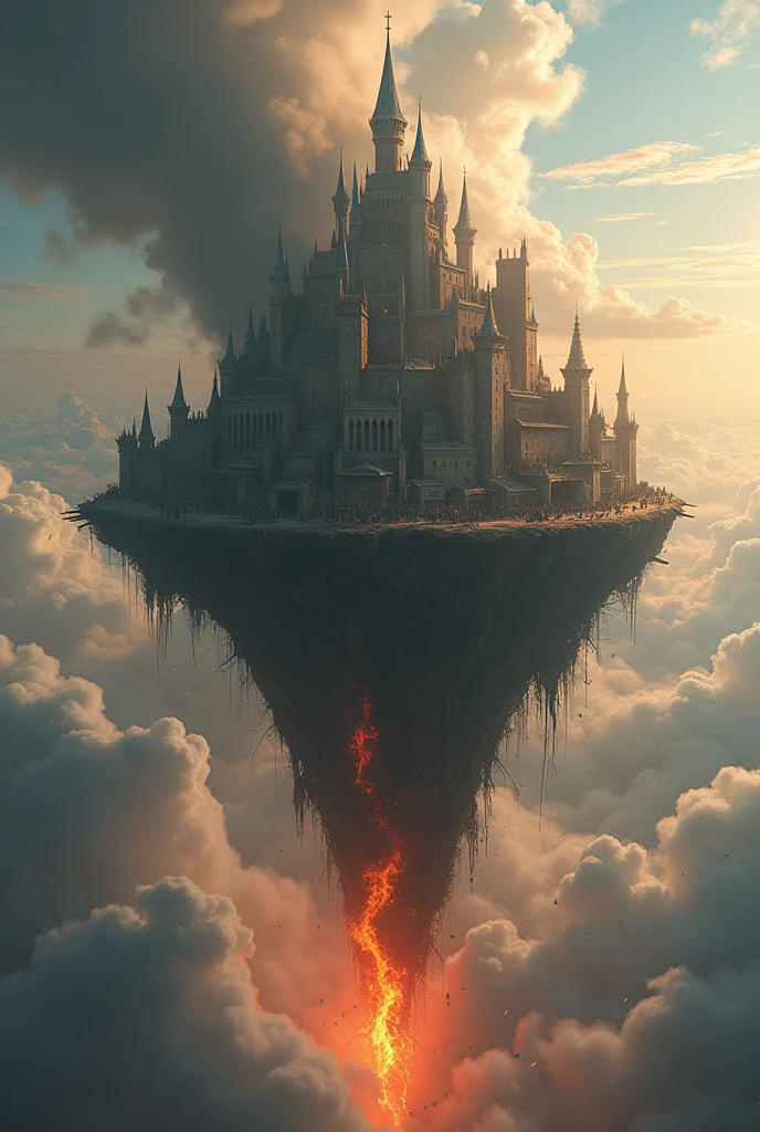 a medieval metropolis on a flying island amidst the clouds, in free fall and being destroyed and burn a lot