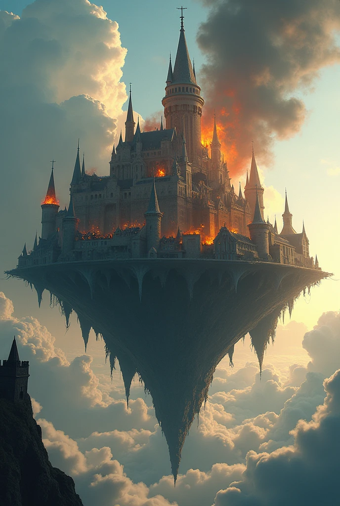 a medieval metropolis on a flying island amidst the clouds, in free fall and being destroyed and burn a lot