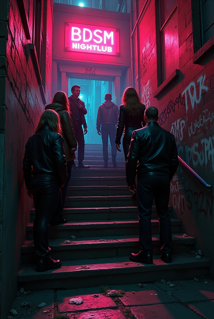 An underground stairs  outside  BDSM night club in the dirty street of 1980s New York city with women and men’s smoking wearing leather and vintage outfits 