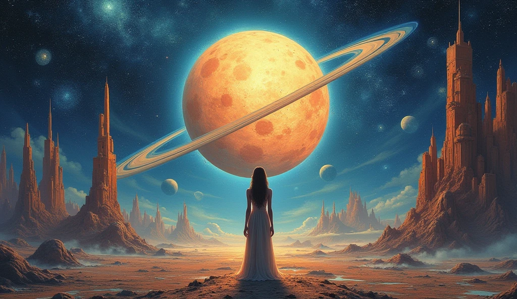 there is a woman standing in front of a painting of a planet, futuristic city in background, psytrance artwork, interconnected human lifeforms, panoramic view of girl, progressive rock album cover, dream of the endless, star dust, galaxy, stoner rock --ar 16:9 --v 5.1