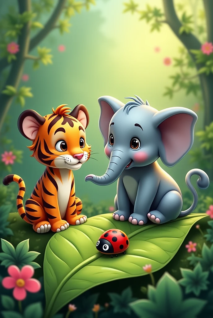 Create an elephant and a tiger looking at a ladybug that is sitting on a leaf in a cartoon way 