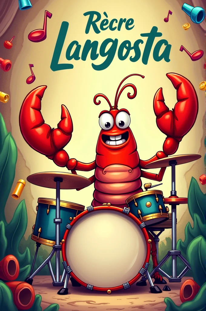 Generate an image, it must have a cartoon lobster, drums, whistles and at the top it must say the following phrase in Spanish "Recre Langosta" as it is written without accents and both words begin with a capital letter