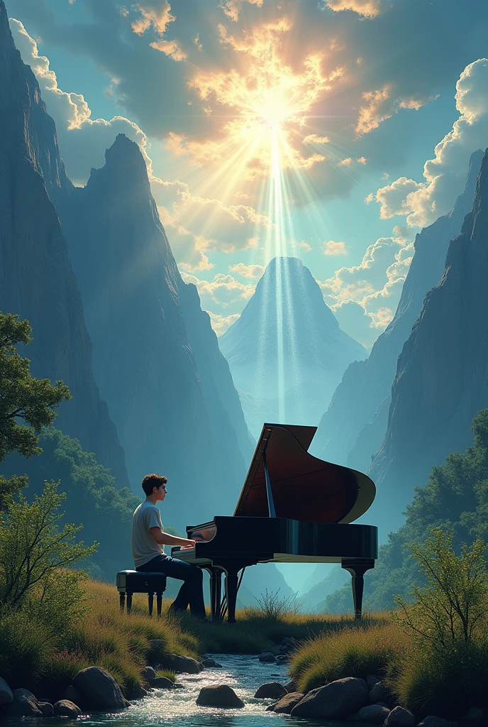 A man playing piano in a beautiful landscape in the mountains and the heavens opening