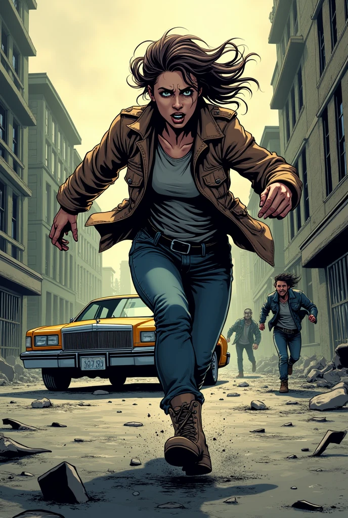 Comic strip of woman in jacket running to car in zombie apocalypse