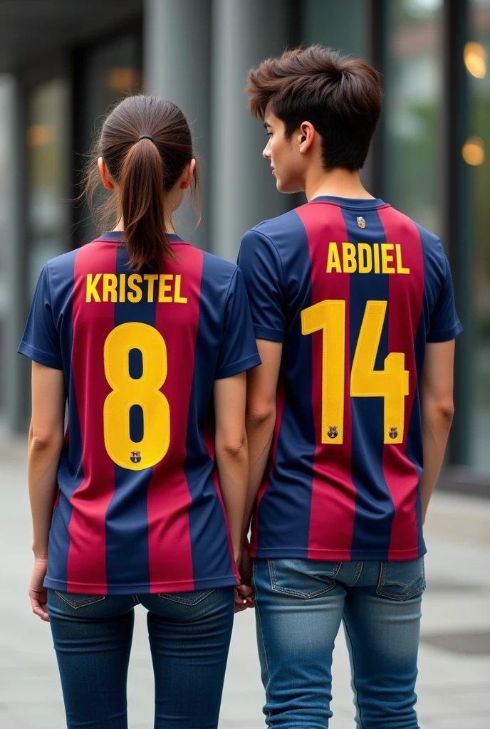 Woman and man from behind looking forward wearing the Barcelona shirt with the numbers 8 and 14 with the names Kristel and Abdiel with the girl's hair tied to one side and nice jeans