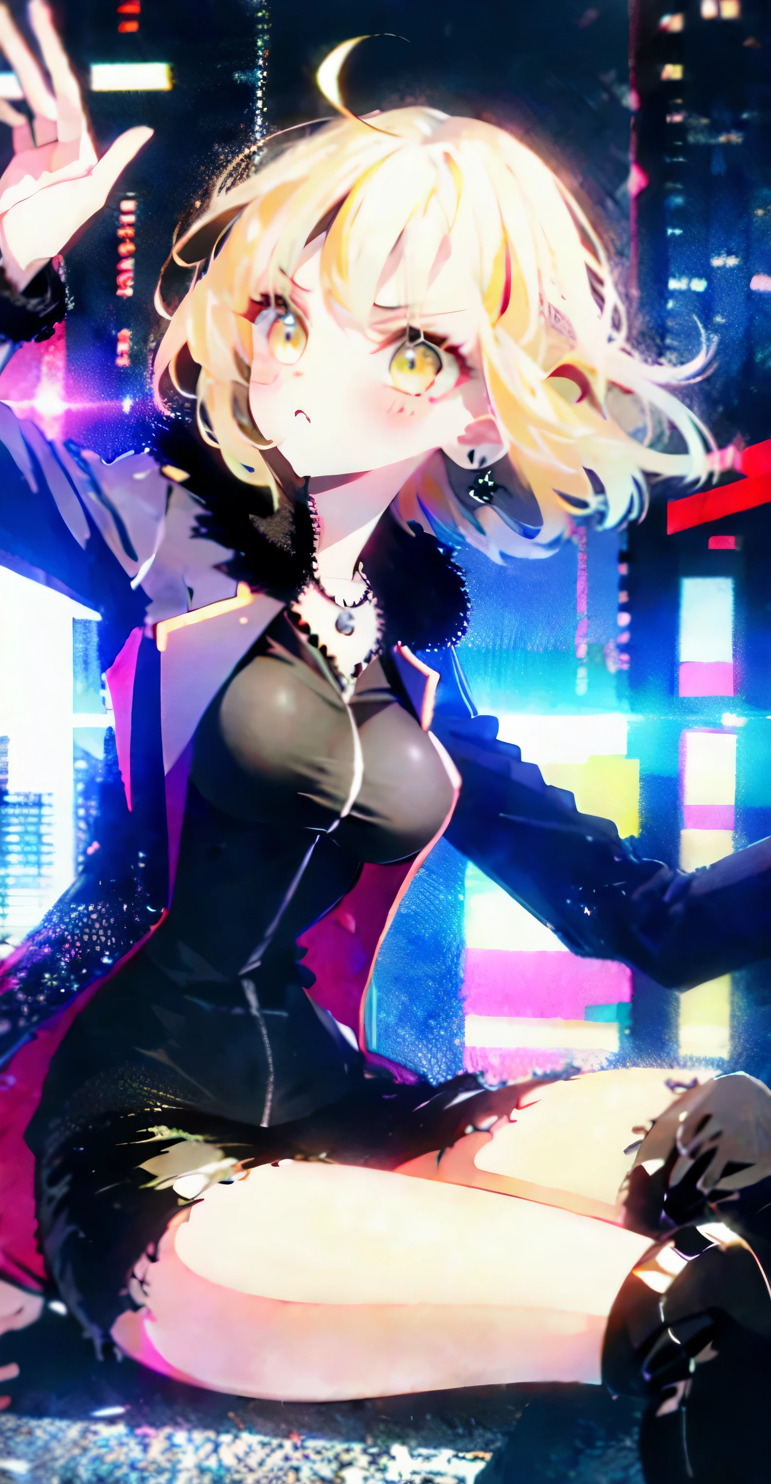 (masterpiece), (HDR), absurdres, (best quality), (ultra high quality), (hi-res), (((sitting))), head tilt, (1girl), solo, alone, mature, ModernCloth, Shinjuku, (yellow eyes), ((short hair)), beautiful detailed eyes, ((platinum blonde hair)), BREAK, dynamic poses, looking away from viewer, blush, city