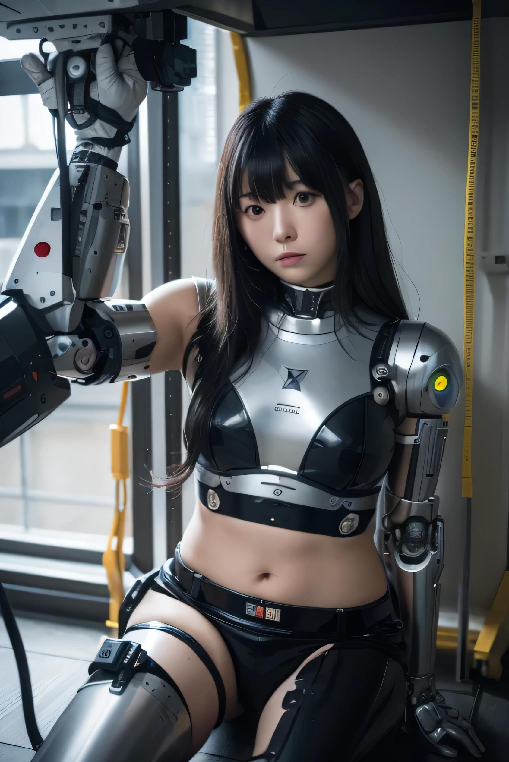 masterpiece, best quality, extremely detailed, Japaese Cyborg girl,Plump , control panels,android,Droid,Mechanical Hand, Robot arms and legs, Black hair,Blunt bangs,perfect robot girl,long tube,thick cable connected her neck,android,robot,humanoid,cyborg,japanese android woman ,future laboratory,connecting a cable between the legs,shortpants,darkblack knee high socks,hypnosis,blank eyes