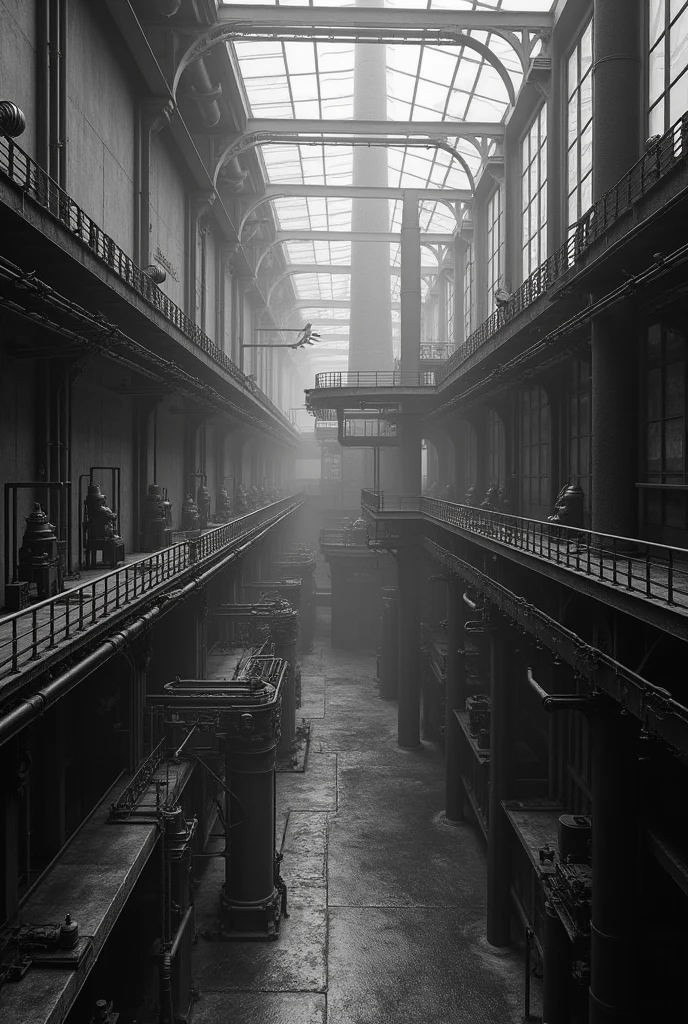 realistic landscape photo.
in black and white.
From a top-down image of the interior of a factory from the first industrial revolution.