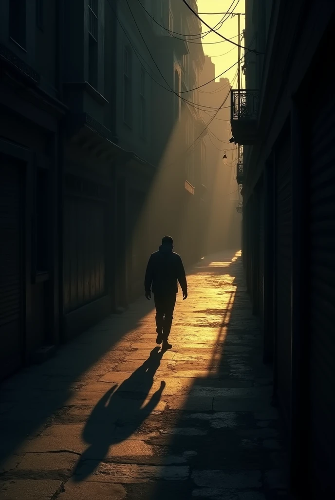 A figure walking through a dark alleyway, the only light coming from a distant streetlamp. Their shadow is long, but their posture is determined, symbolizing the