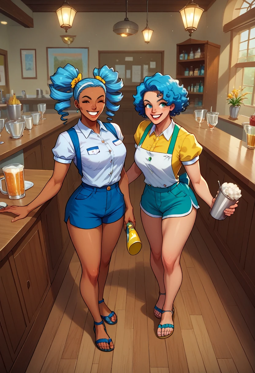  Pamela Melkor Macin. women brazieña, Brazil, tanned skin, king, curly hair, blue hair, cyan hair, light blue hair, curly pigtails, women, soft cheekbones, score_9, score_8_above, score_7,Short pants, short, short polo, waitress, sandals, sexy, friendly, smiling, happy, coquette
