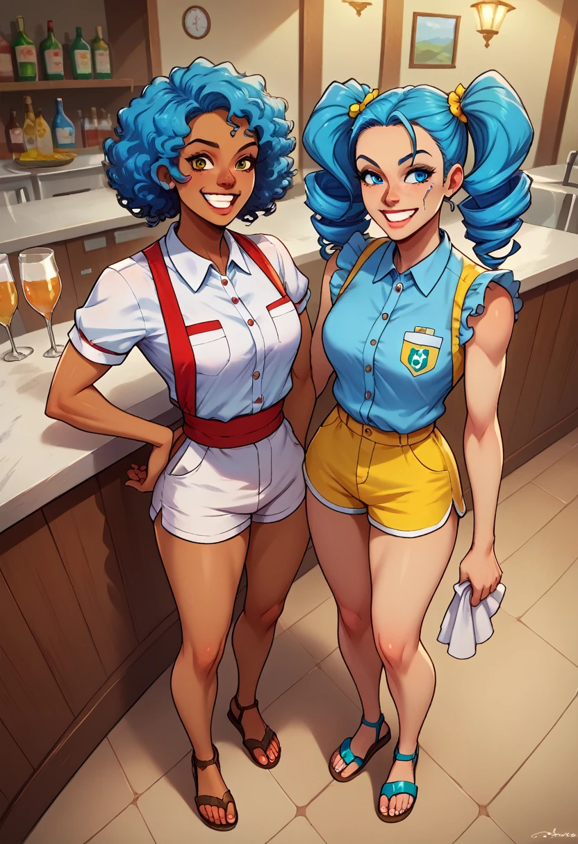  Pamela Melkor Macin. women brazieña, Brazil, tanned skin, king, curly hair, blue hair, cyan hair, light blue hair, curly pigtails, women, soft cheekbones, score_9, score_8_above, score_7,Short pants, short, short polo, waitress, sandals, sexy, friendly, smiling, happy, coquette
