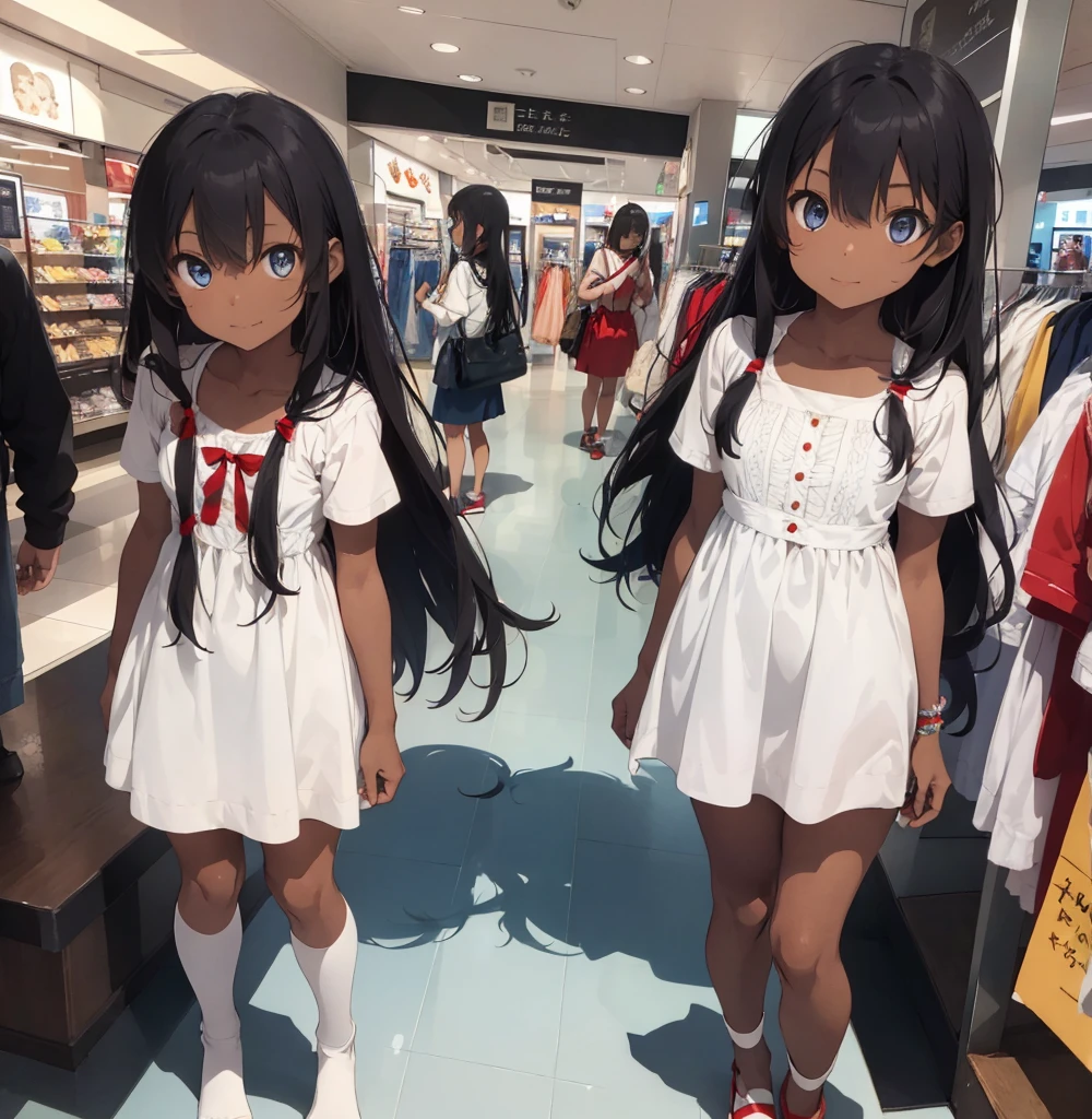 2 female, darker skin, as a child, children's, , white long dress, small legs, lightest blue eyes, red twin tail hair, twin, in mall, dress store