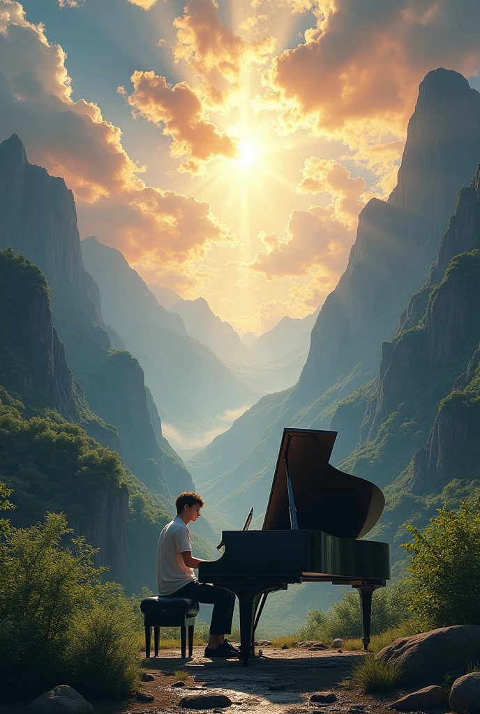 A teenage man playing piano in a beautiful landscape in the mountains and the heavens opening