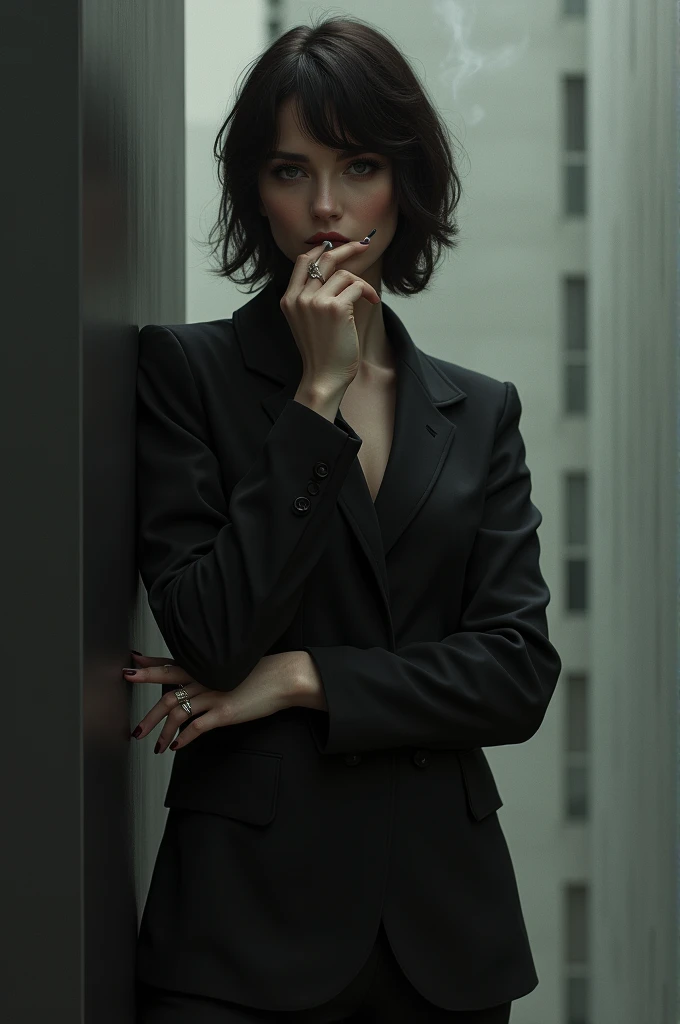 Woman smoking cigarette in suit