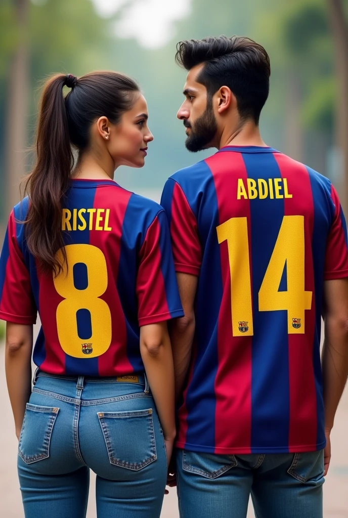 Woman and man from behind looking forward wearing the Barcelona shirt with the numbers 8 and 14 with the names Kristel and Abdiel with the girl&#39;s hair tied to one side and nice jeans