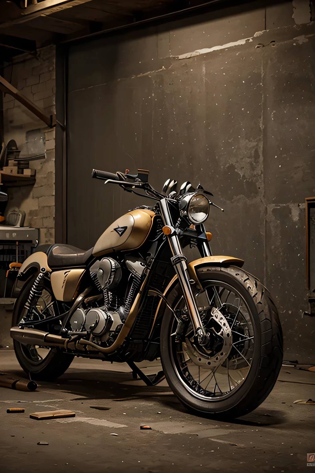 (masterpiece, high quality, 4k)), harvey model motorcycle, (disassembled motorcycle), mechanical workshop background, ((realistic))