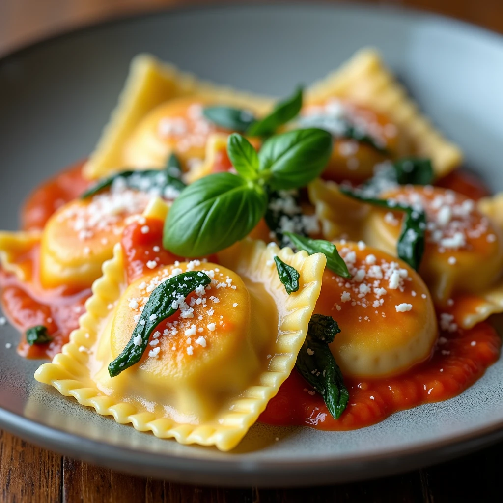 Create a super high-quality photograph of a plate of ravioli, highlighting its delicious and delicate appearance. The image should feature a close-up view of the ravioli, showcasing its perfectly cooked, tender pasta with visible fillings such as cheese, spinach, or meat. Arrange the ravioli neatly on a refined plate, possibly garnished with a drizzle of sauce (like a rich tomato sauce or a creamy Alfredo), a sprinkle of grated cheese, and a few fresh herbs like basil or parsley. Use natural or soft lighting to enhance the textures and colors of the ravioli, ensuring the lighting highlights the intricate details and prevents harsh shadows. The background should be simple and elegant, with a clean surface that keeps the focus on the ravioli. The photograph should be sharp, vibrant, and detailed, capturing the appetizing and sophisticated nature of the dish.