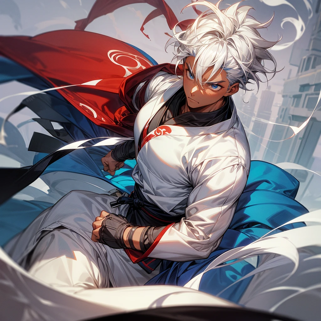 1male , dark skin, adult, finely detailed blue eyes, muscular build, modern undercut, medium messy hair, white hair, fitted sleeves, white yukata with reg swirls, red sash, ninja clothing, serious experssion, modern city background