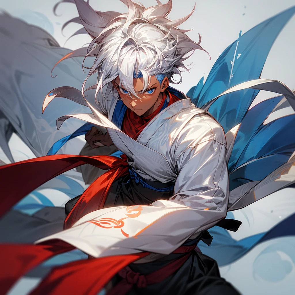1male , dark skin, adult, finely detailed blue eyes, muscular build, modern undercut, medium messy hair, white hair, fitted sleeves, white yukata with reg swirls, red sash, ninja clothing, serious experssion, modern city background