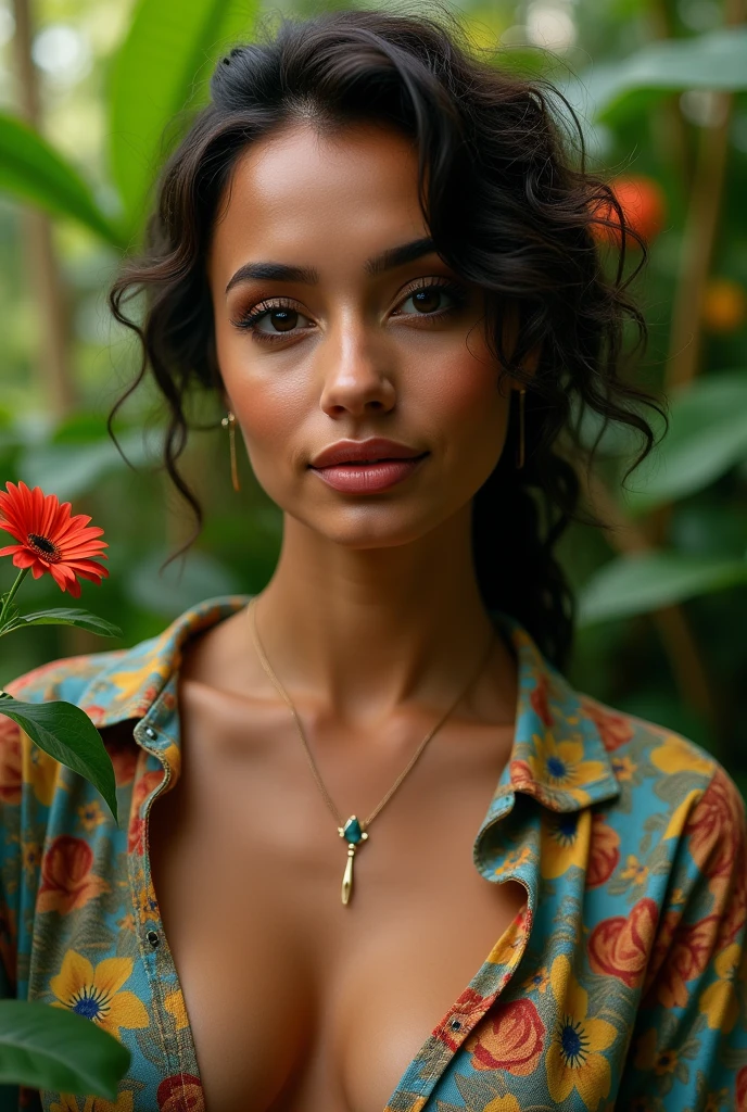 A Brazilian woman in a lush tropical garden, wearing an open shirt with a floral print, with a close-up capturing the harmonious beauty between her breasts and the natural flowers, showing off your natural charm and outgoing personality.