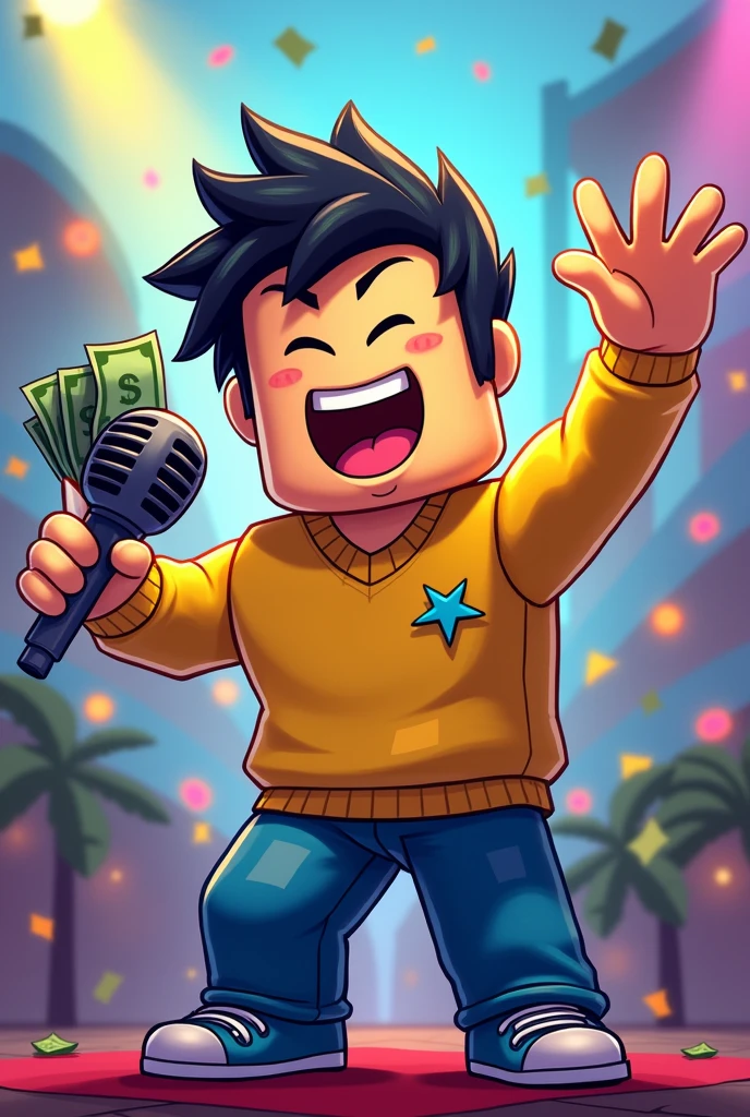 Make a roblox noob yellow with blue, holding a microphone in his hand, singing and with a wad of money in the other hand, All drawn in cartoon style and very colorful