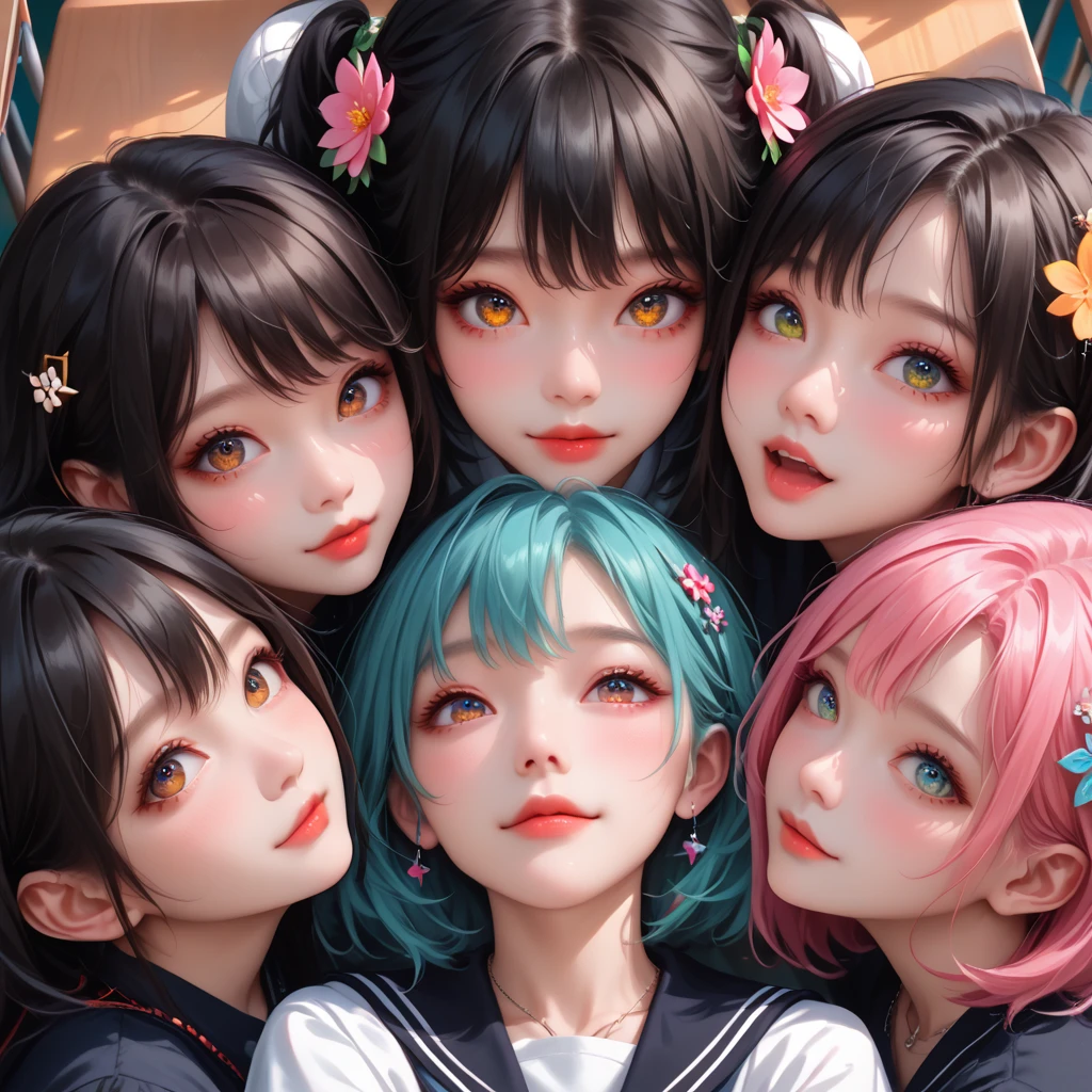 nsfw,score_9, score_8_up, score_7_up, high res image,masterpiece,best quality,girl,cute face,clear skin,shiny hair,ultra detailed eyes,flower hairpin,(6+girls:1.5),face close-up,cute,necklace,classroom,sitting together,