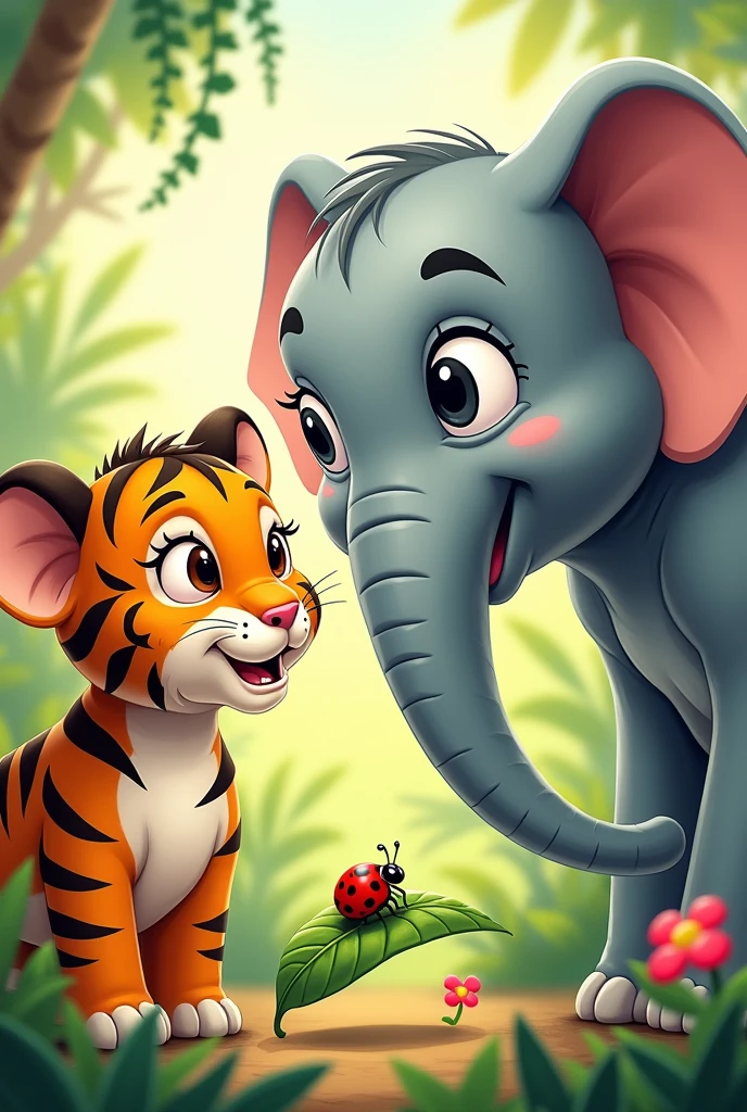 Create an elephant and a tiger looking at a ladybug that is sitting on a small leaf in a cartoon style. 