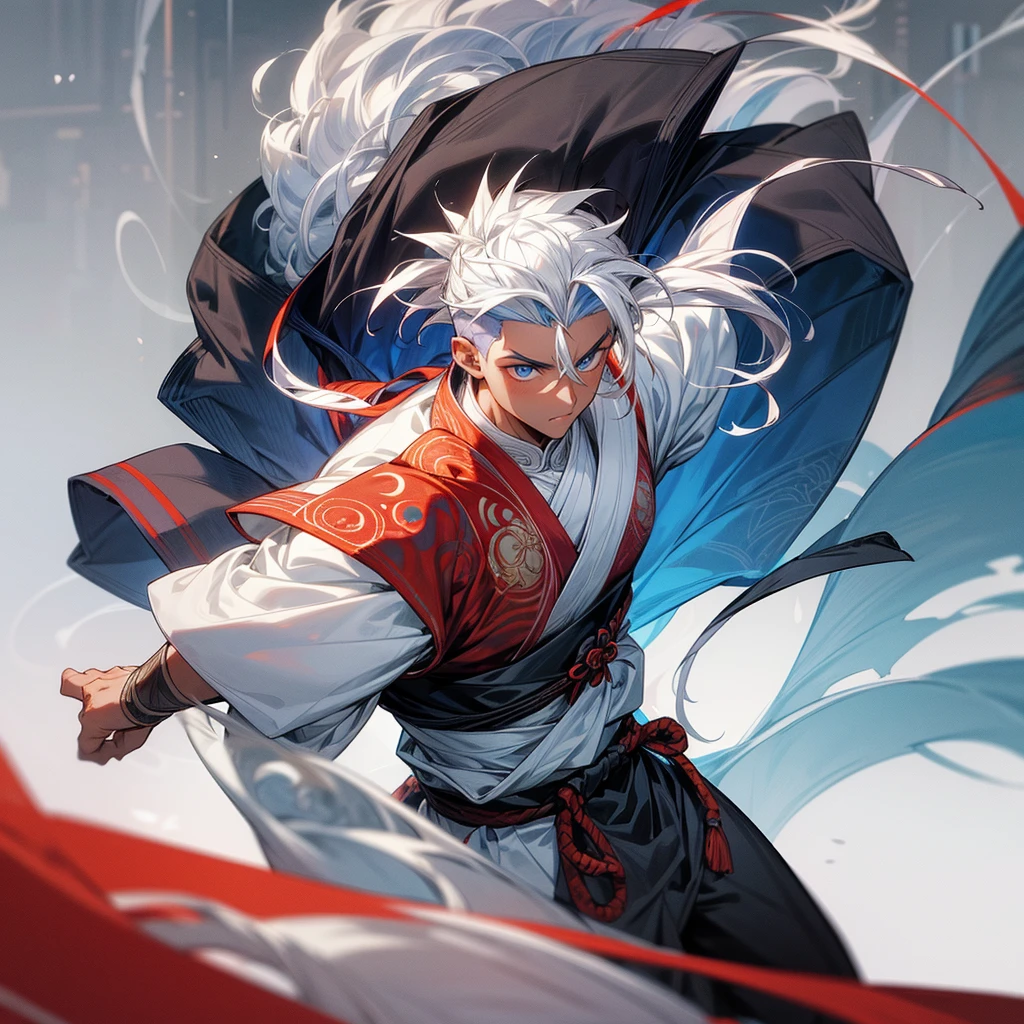 1male , dark skin, adult, finely detailed blue eyes, muscular build, modern undercut, medium messy hair, white hair, fitted sleeves, white yukata with reg swirls, red sash, ninja clothing, serious experssion, modern city background