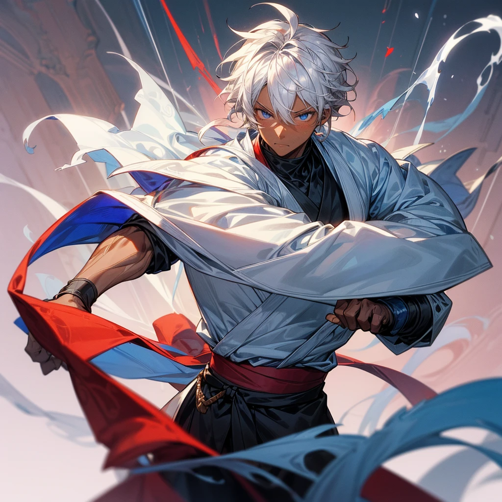1male , dark skin, adult, finely detailed blue eyes, muscular build, modern undercut, medium messy hair, white hair, fitted sleeves, white yukata with reg swirls, red sash, ninja clothing, serious experssion, modern city background