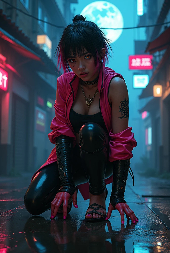 Female Asian, serious face, messy hair tied with neon tips, amber eyes, cybernetics in eyes, scar on left eye, left arm with few Black carbon cybernetics, neon designer coat clothing, tattoo with family symbol on forearm, night alley background, moon reflection on Walter, Pose crouched on the floor against sharpening carbon robot arm blade